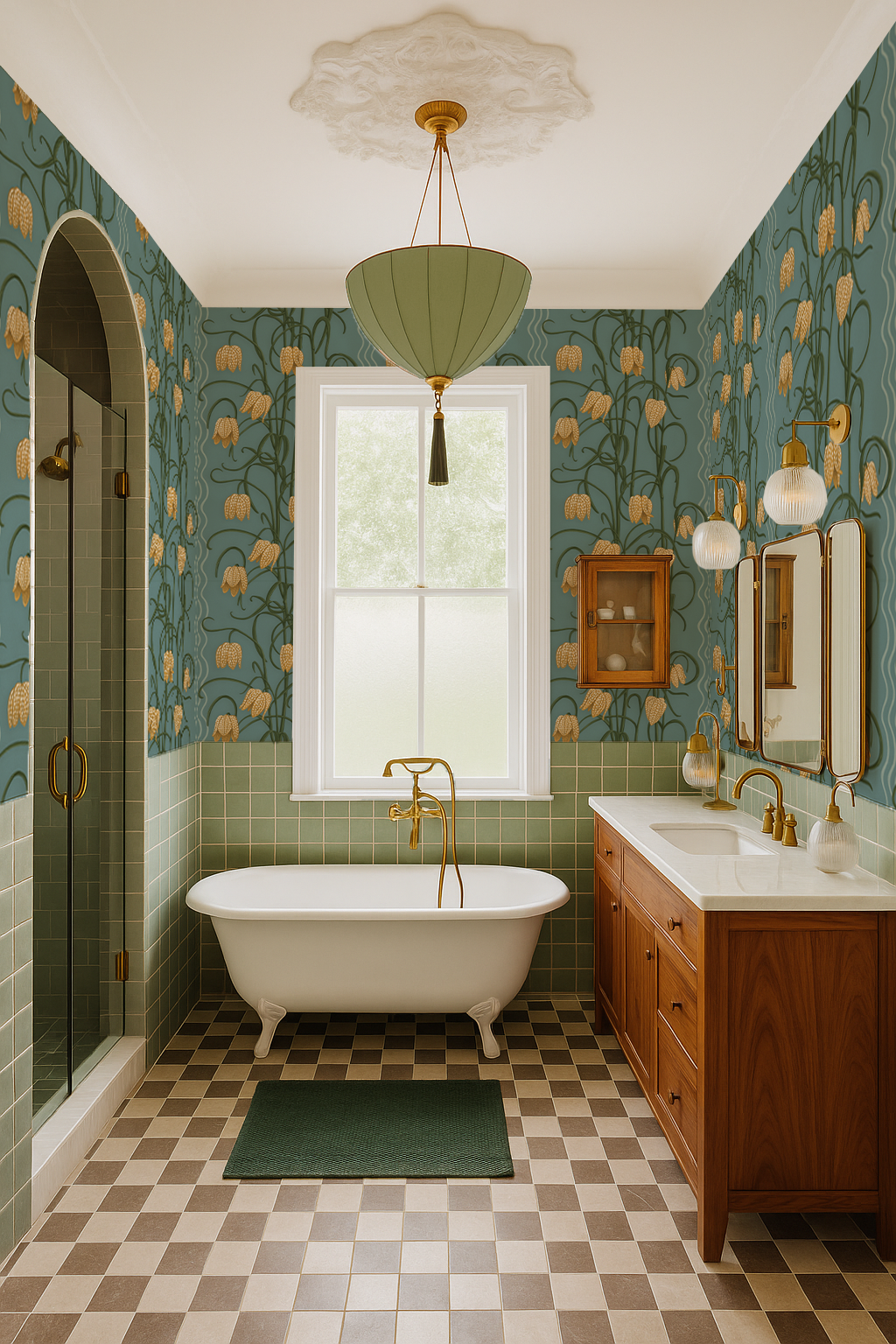 Campanas Wallpaper, dusty blue and marigold