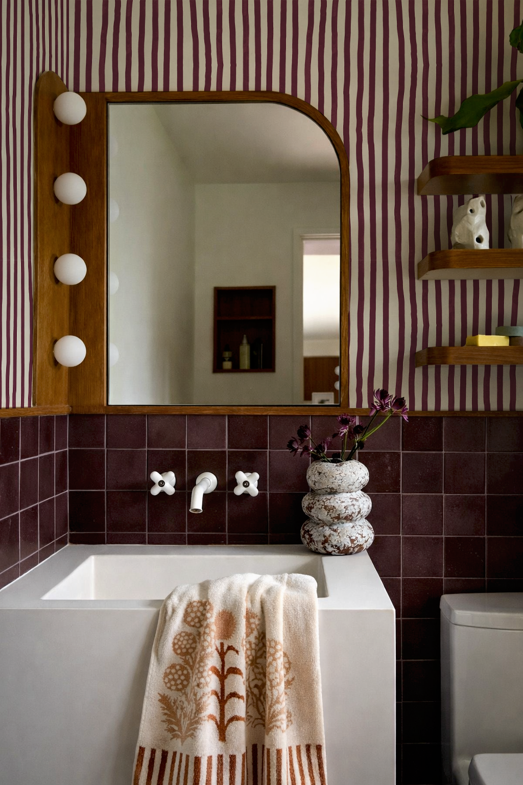 Dolce Stripe Wallpaper, off-white and eggplant