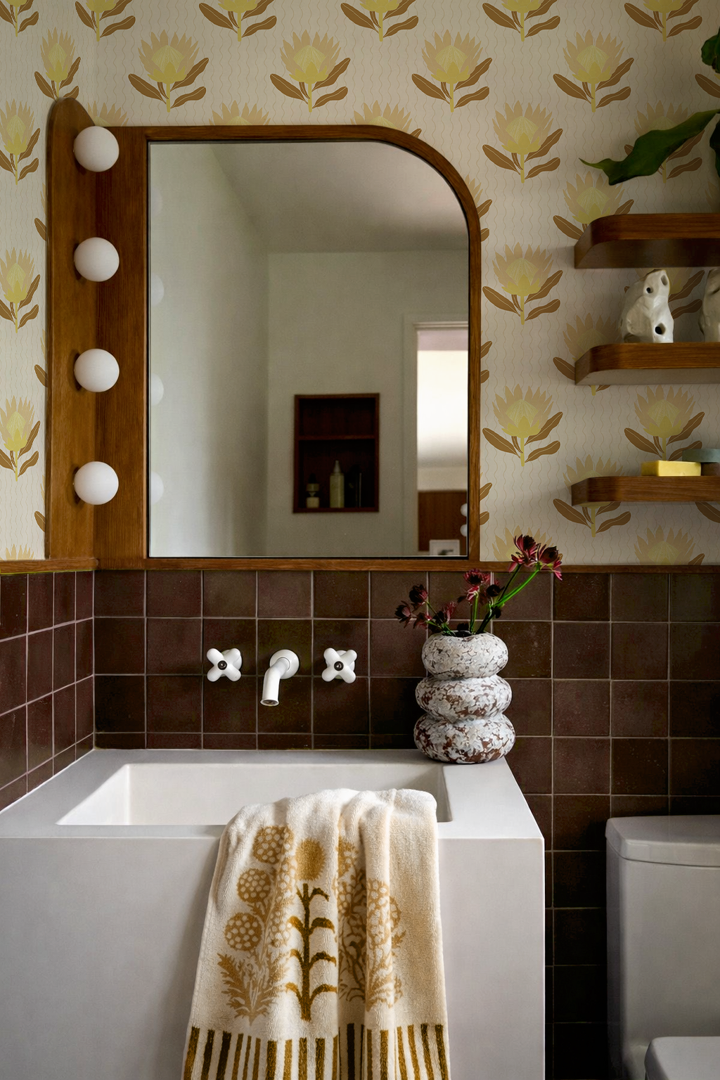King Protea Wallpaper, neutral and brown mustard