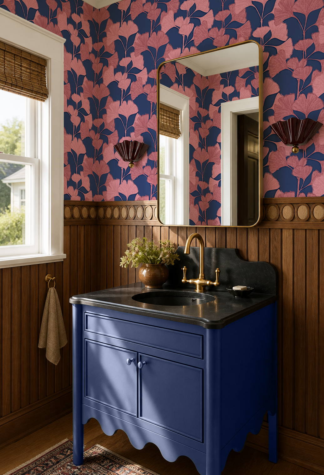 Ginkgo Vignette Wallpaper, blue and pink