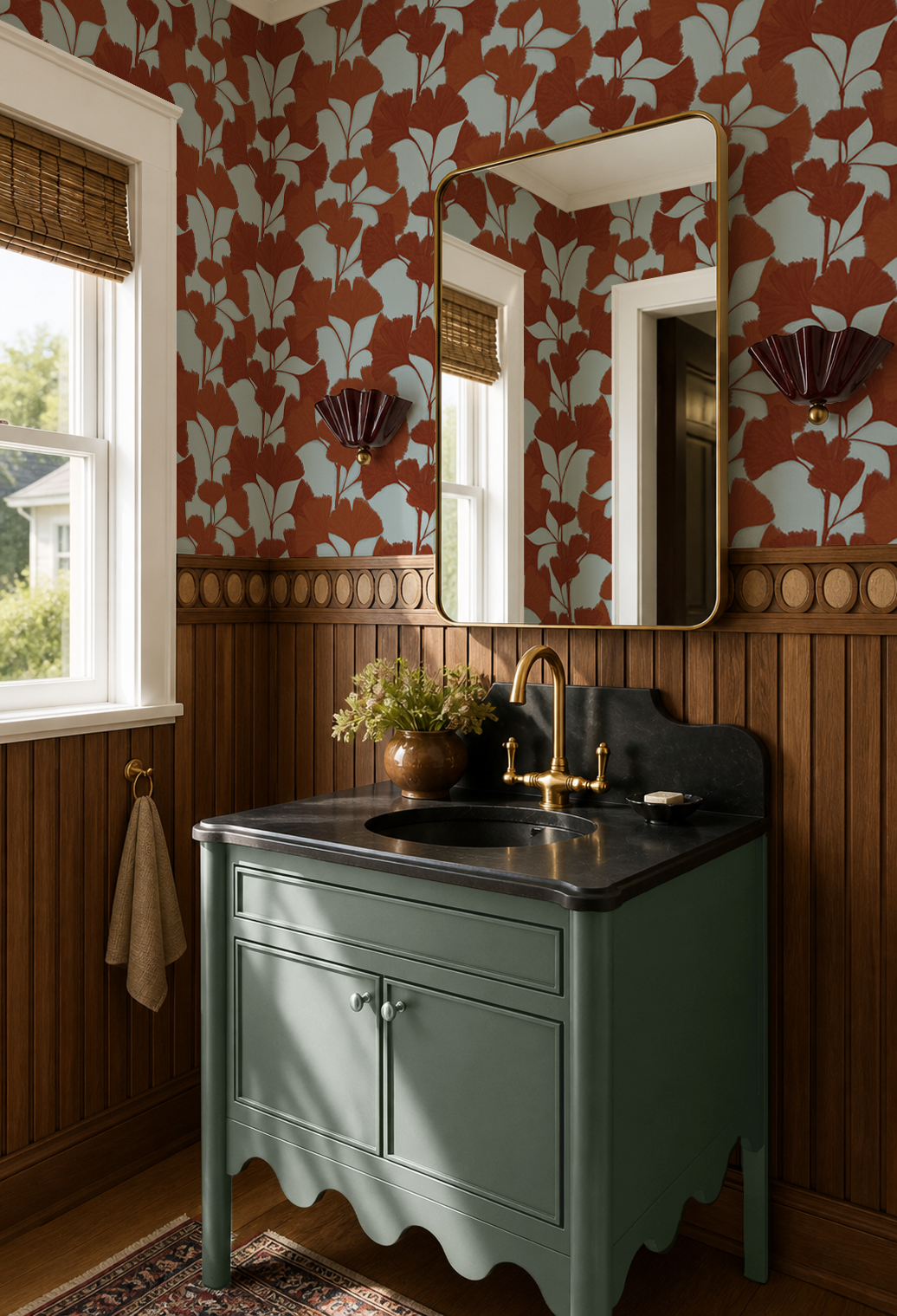 Ginkgo Vignette Wallpaper, light blue and rust