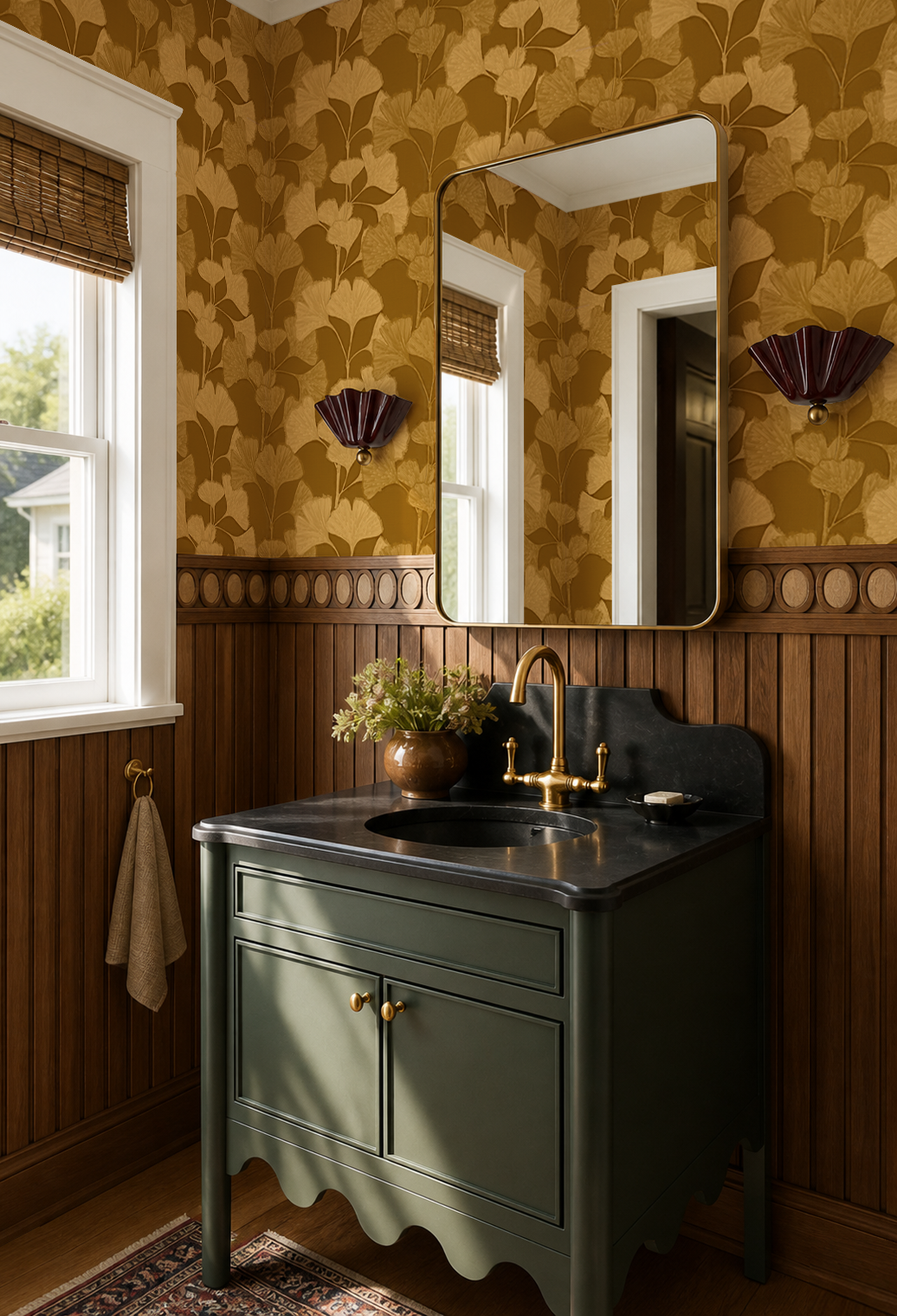 Gingko Vignette Wallpaper, mustard and yellow