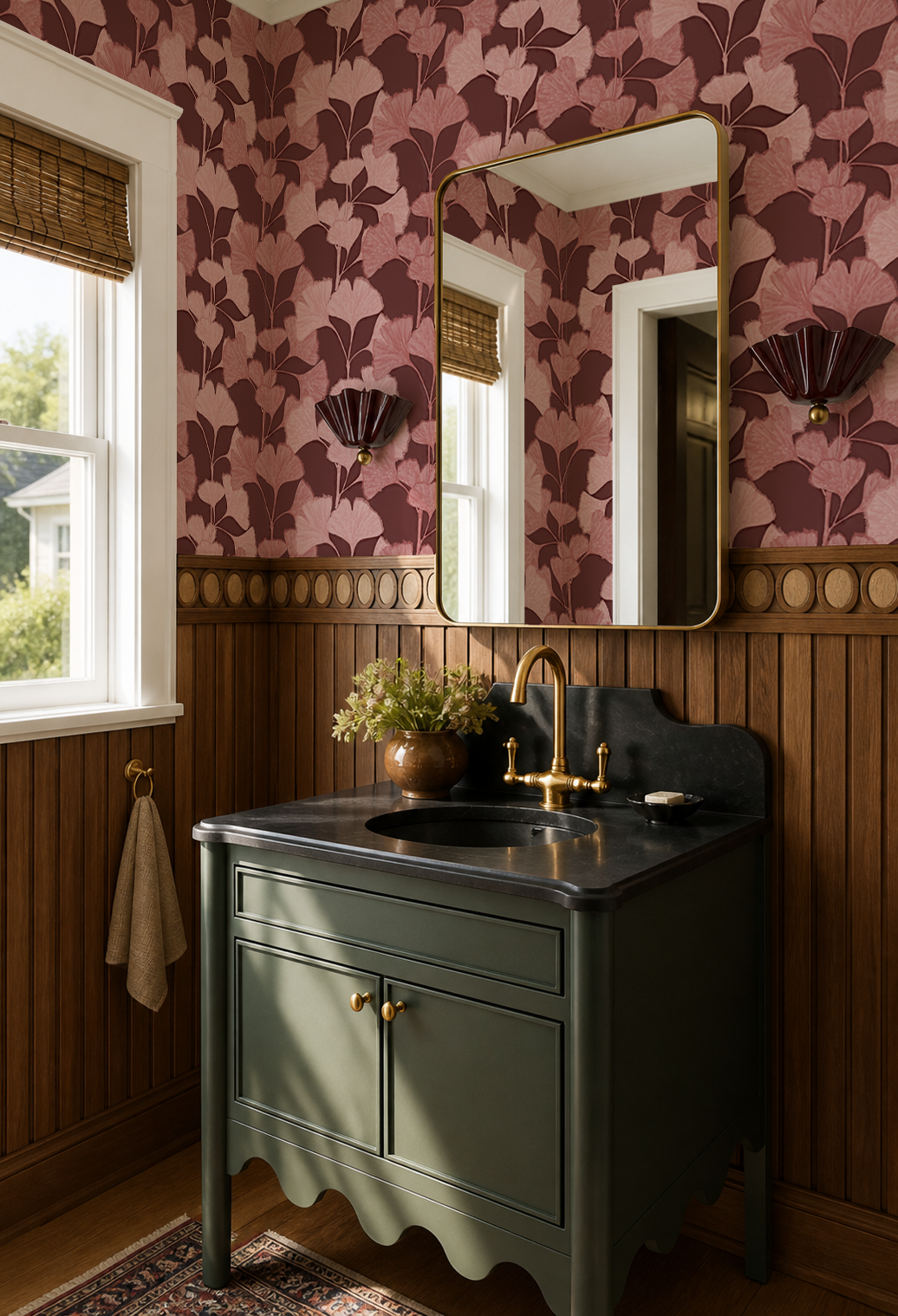 Gingko Vignette Wallpaper, muted wine and blush