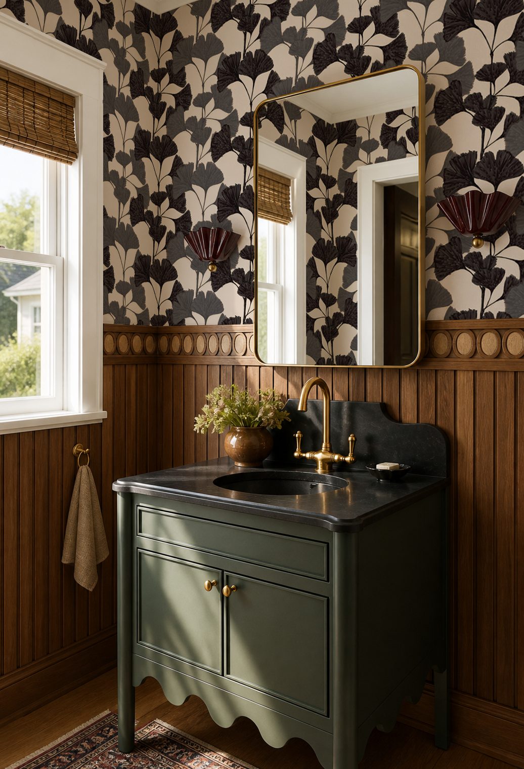Ginkgo Vignette Wallpaper, neutral and black