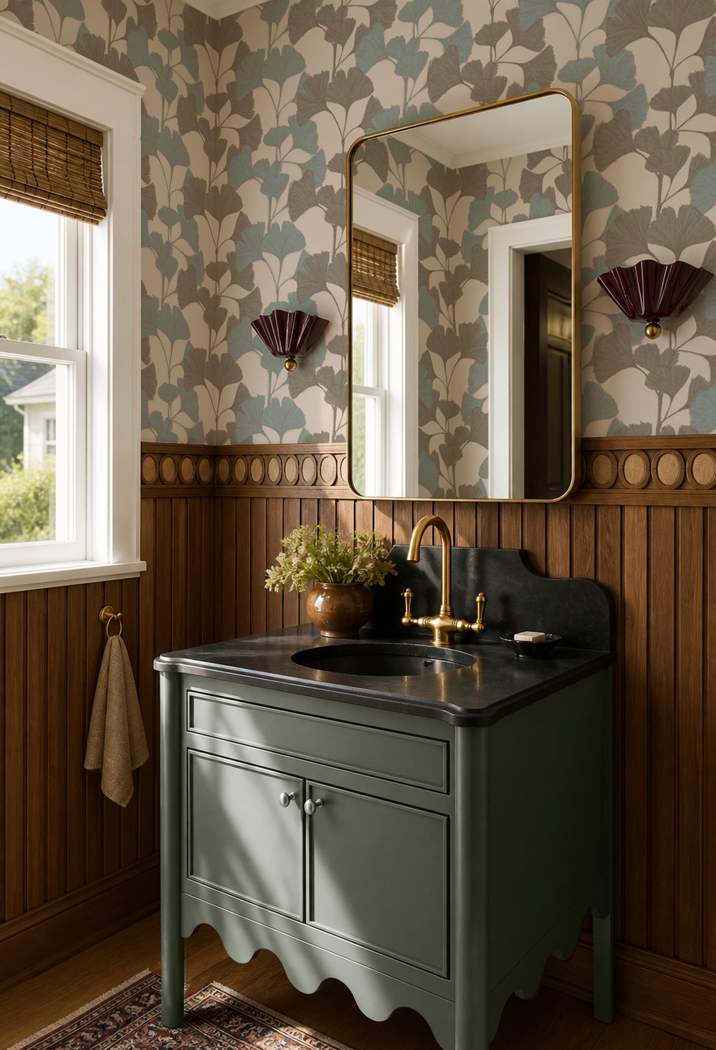 Ginkgo Vignette Wallpaper, neutral and blue, brown