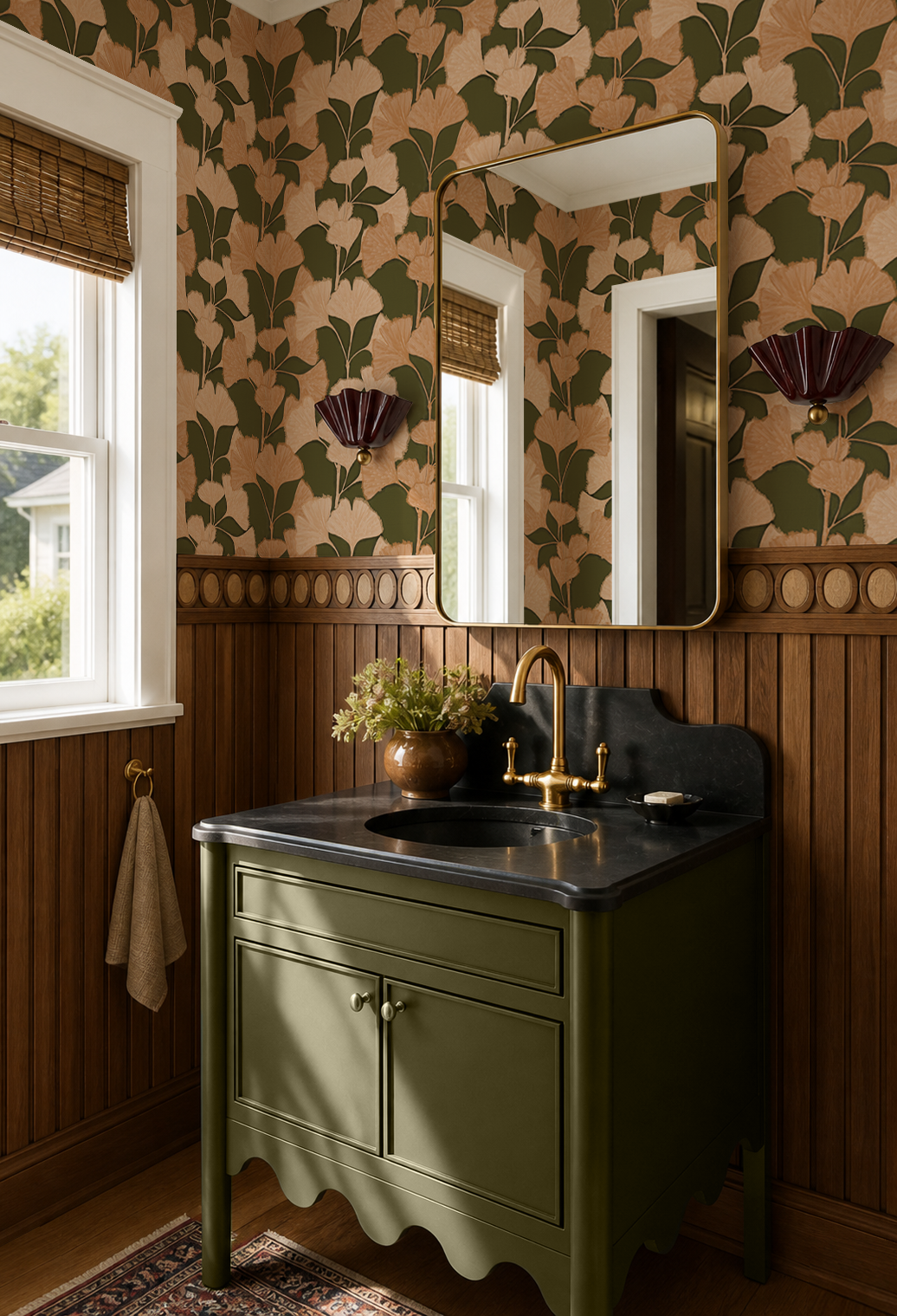 Gingko Vignette Wallpaper, olive green and peach