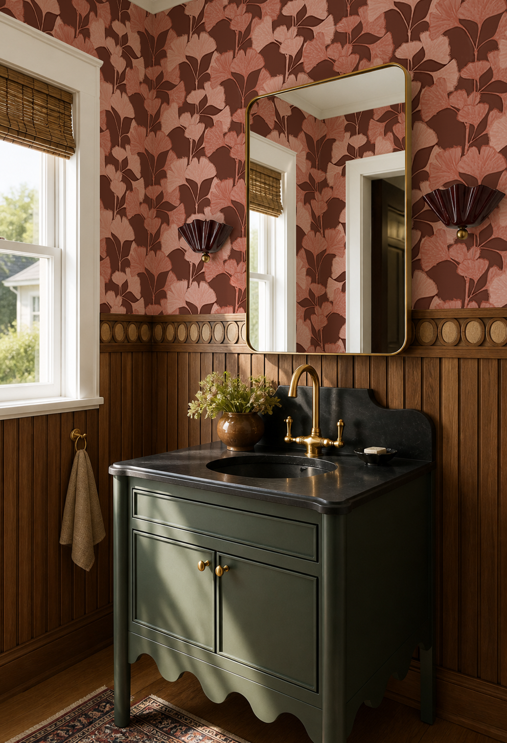 Ginkgo Vignette Wallpaper, red brown and coral