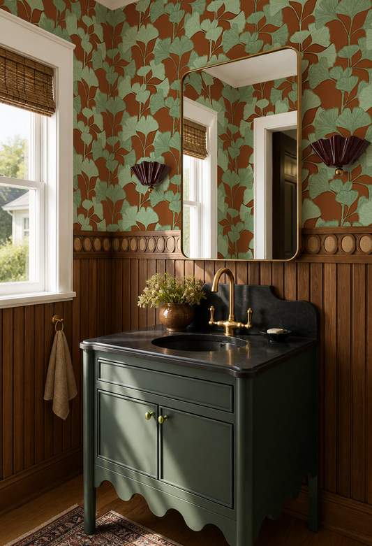 Ginkgo Vignette Wallpaper, rust and sage