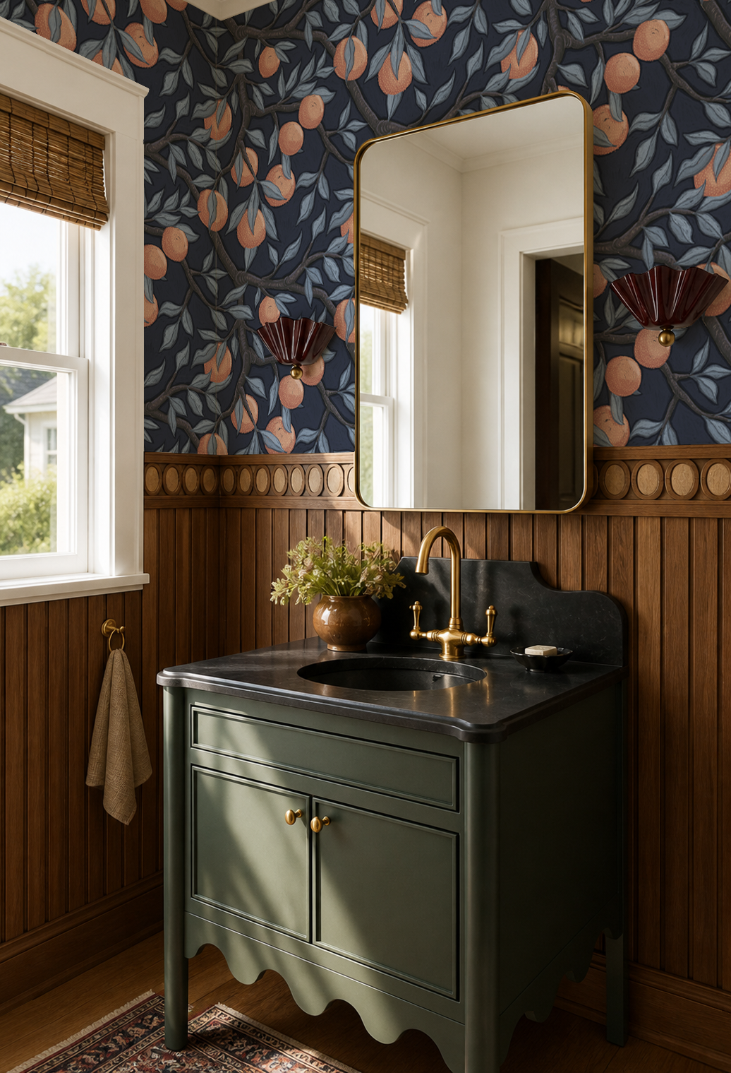 Valencia Grove Wallpaper, navy and muted orange
