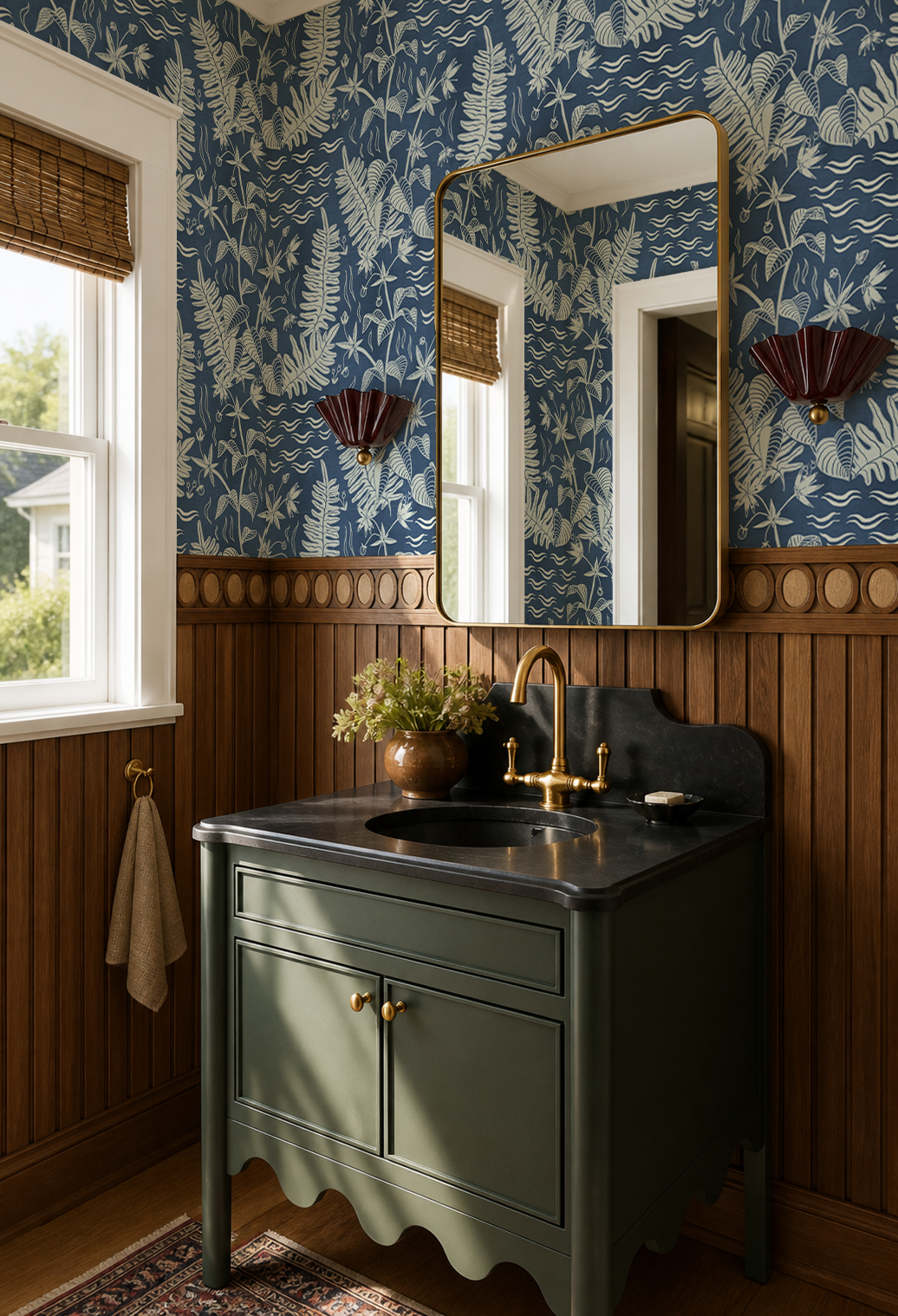 Verdant Folia Wallpaper, blue and off-white