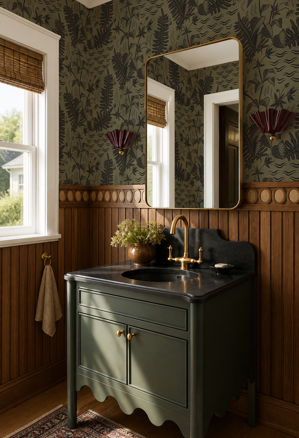 Verdant Folia Wallpaper, dark olive and charcoal