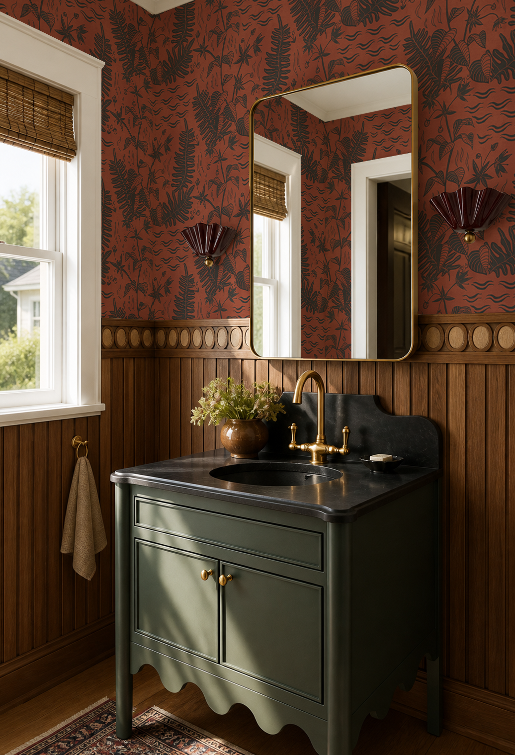 Verdant Folia Wallpaper, rust and charcoal