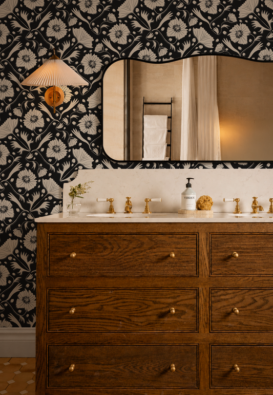 Poppy Pavilion Wallpaper, black and beige