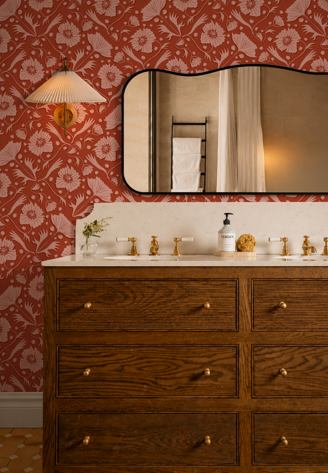 Poppy Pavilion Wallpaper, brick red and pink