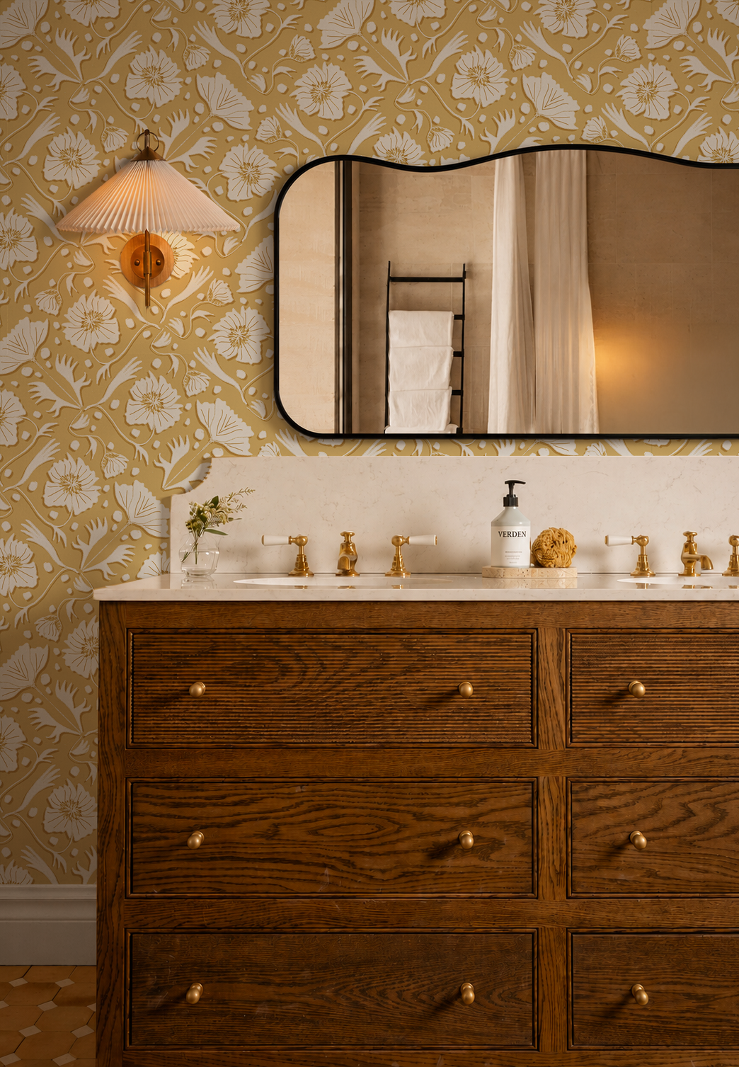 Poppy Pavilion Wallpaper, butter yellow and off-white
