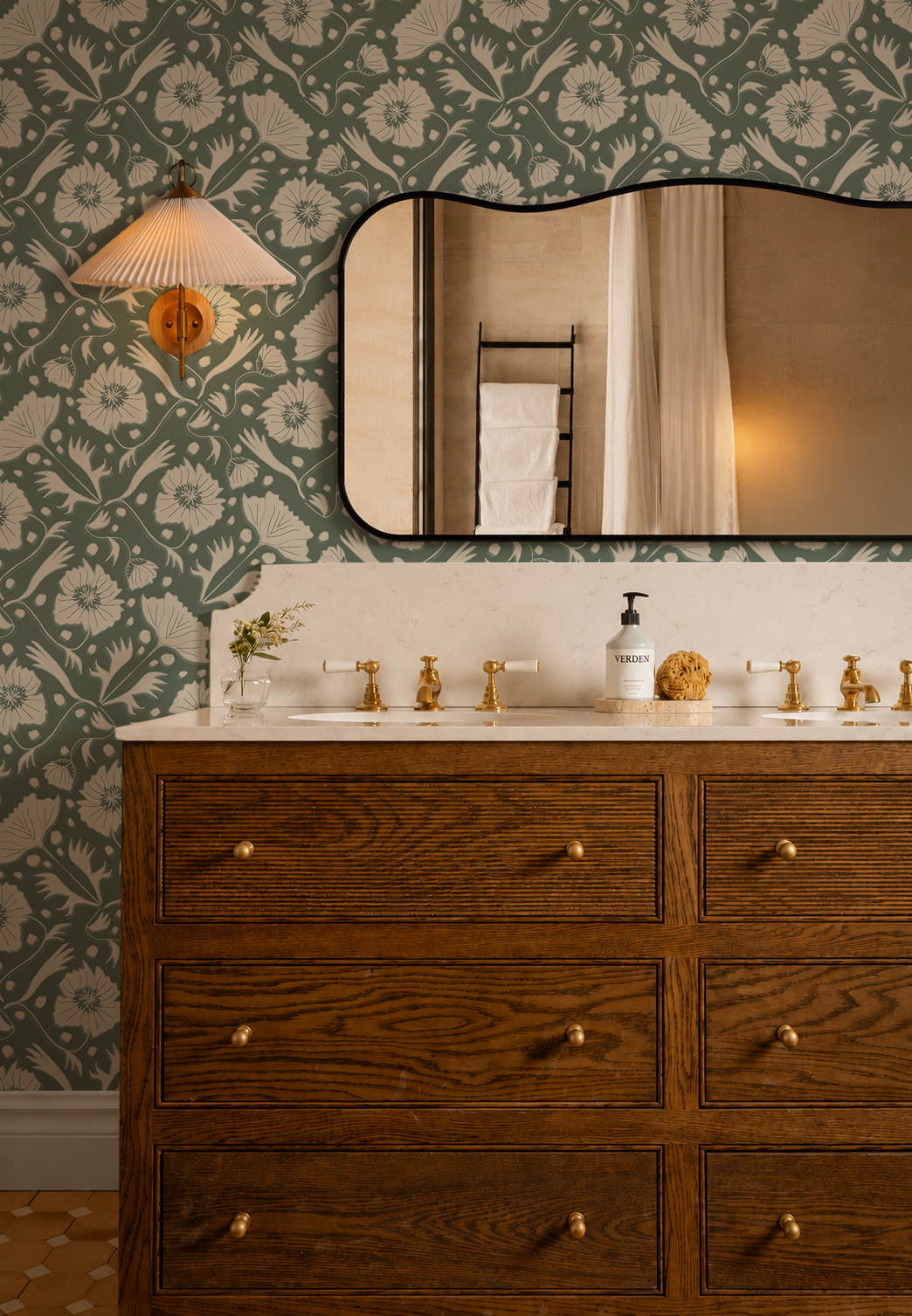 Poppy Pavilion Wallpaper, eucalyptus and beige