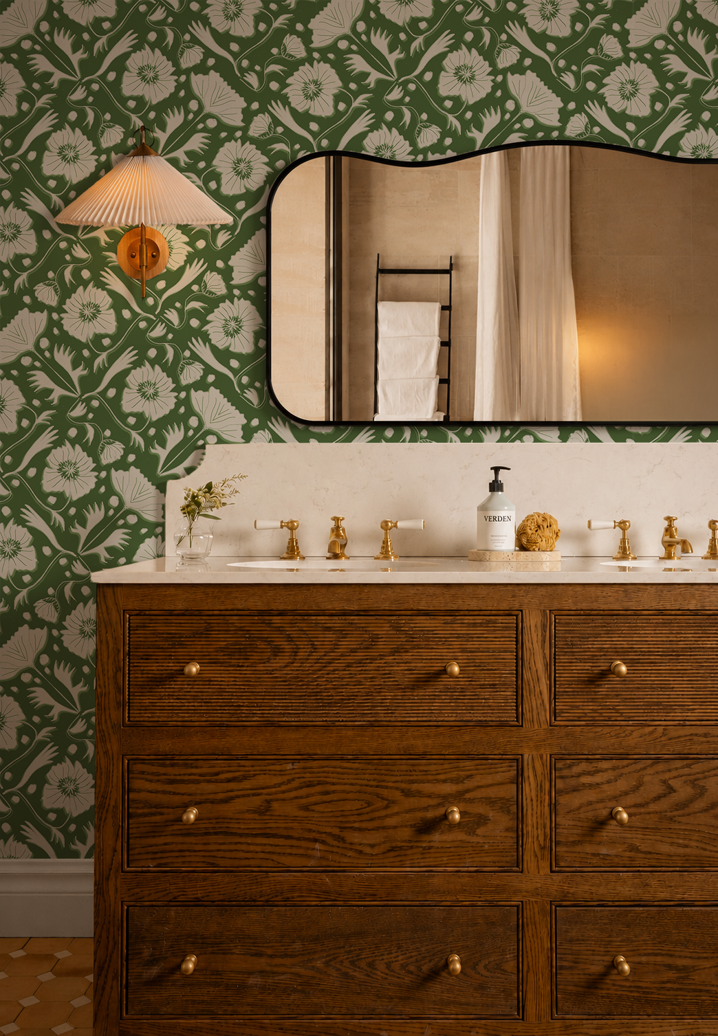 Poppy Pavilion Wallpaper, green and beige