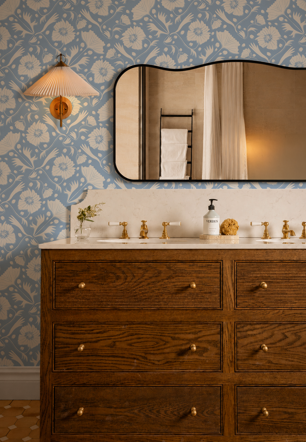 Poppy Pavilion Wallpaper, light blue and beige