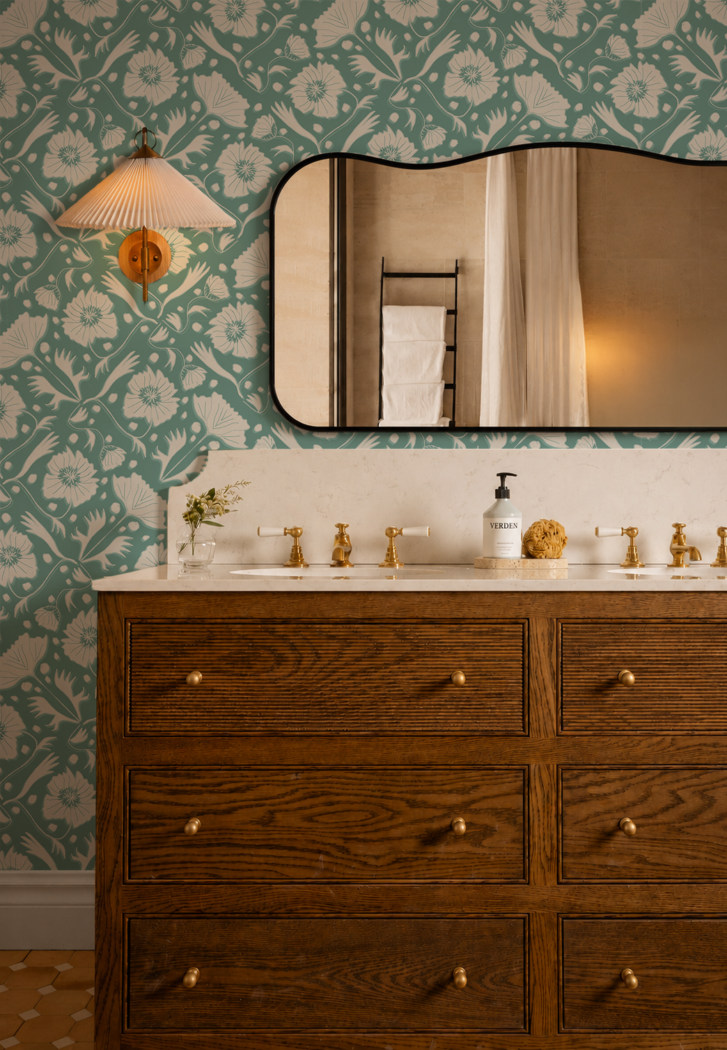 Poppy Pavilion Wallpaper, teal and beige