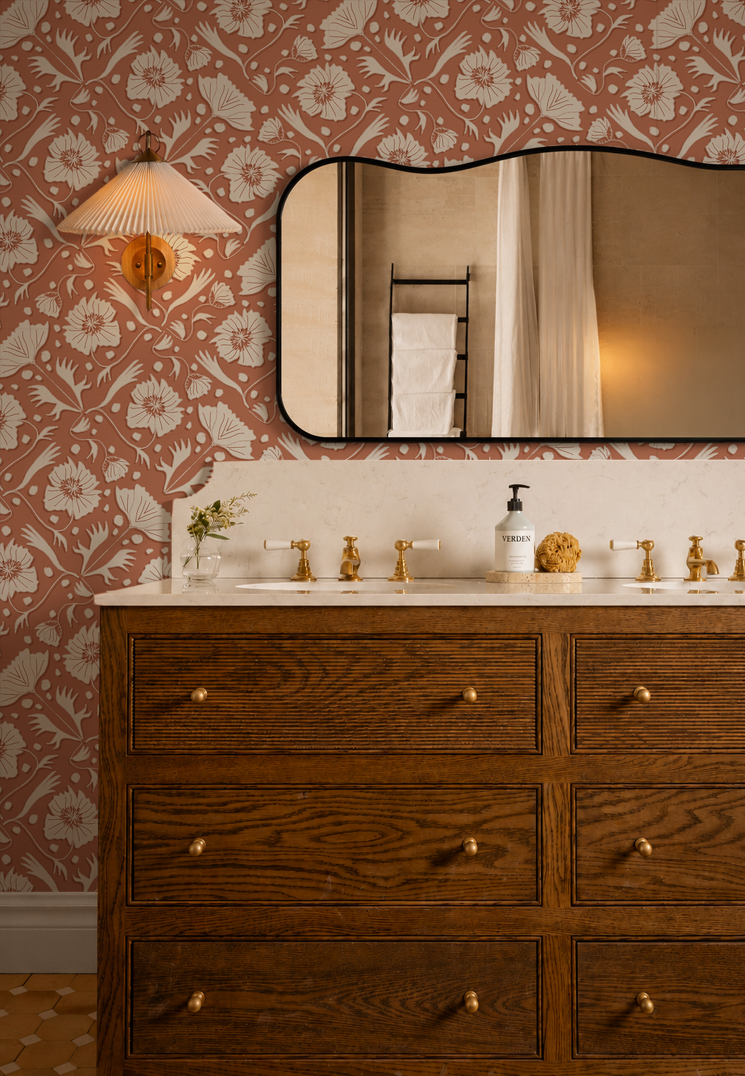 Poppy Pavilion Wallpaper, terra cotta and beige