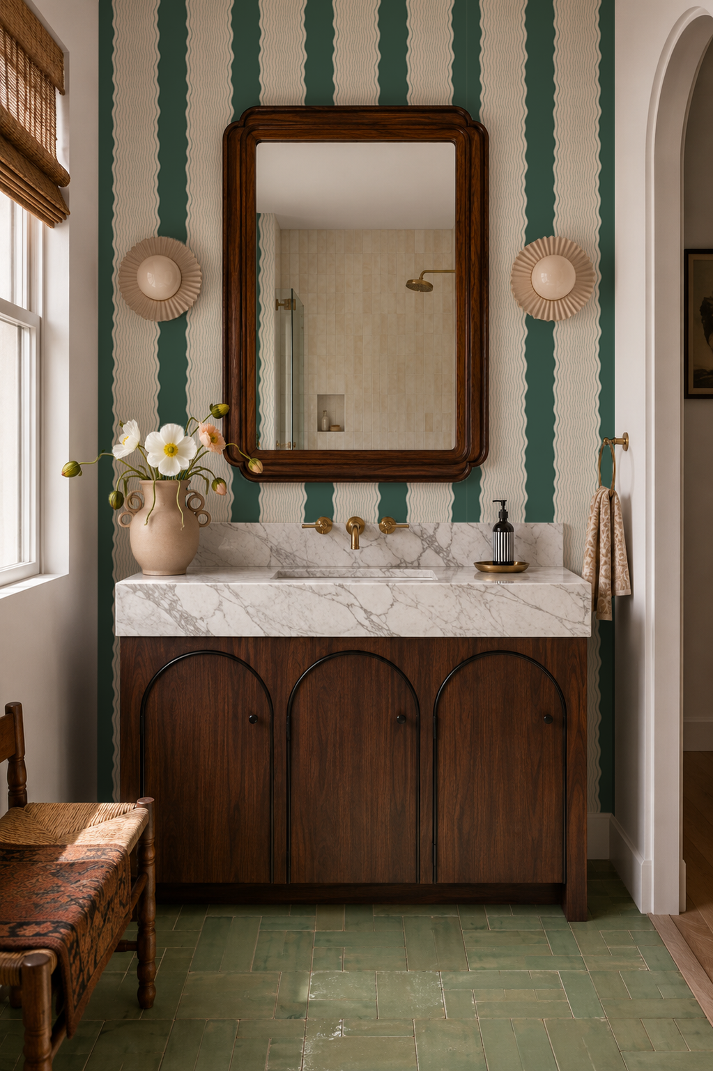 Rio Ripple Wallpaper, beige and dark teal