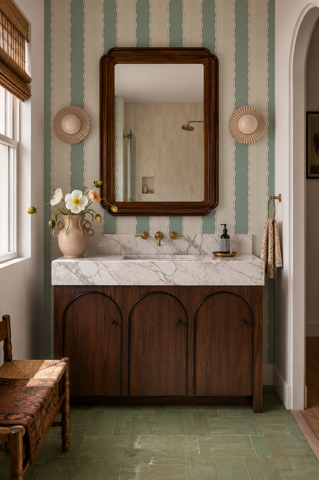 Rio Ripple Wallpaper, beige and dusty teal