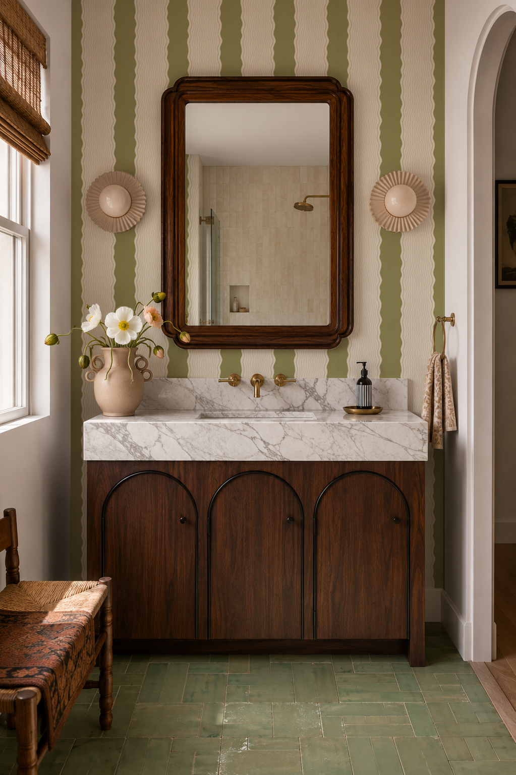 Rio Ripple Wallpaper, beige and olive green