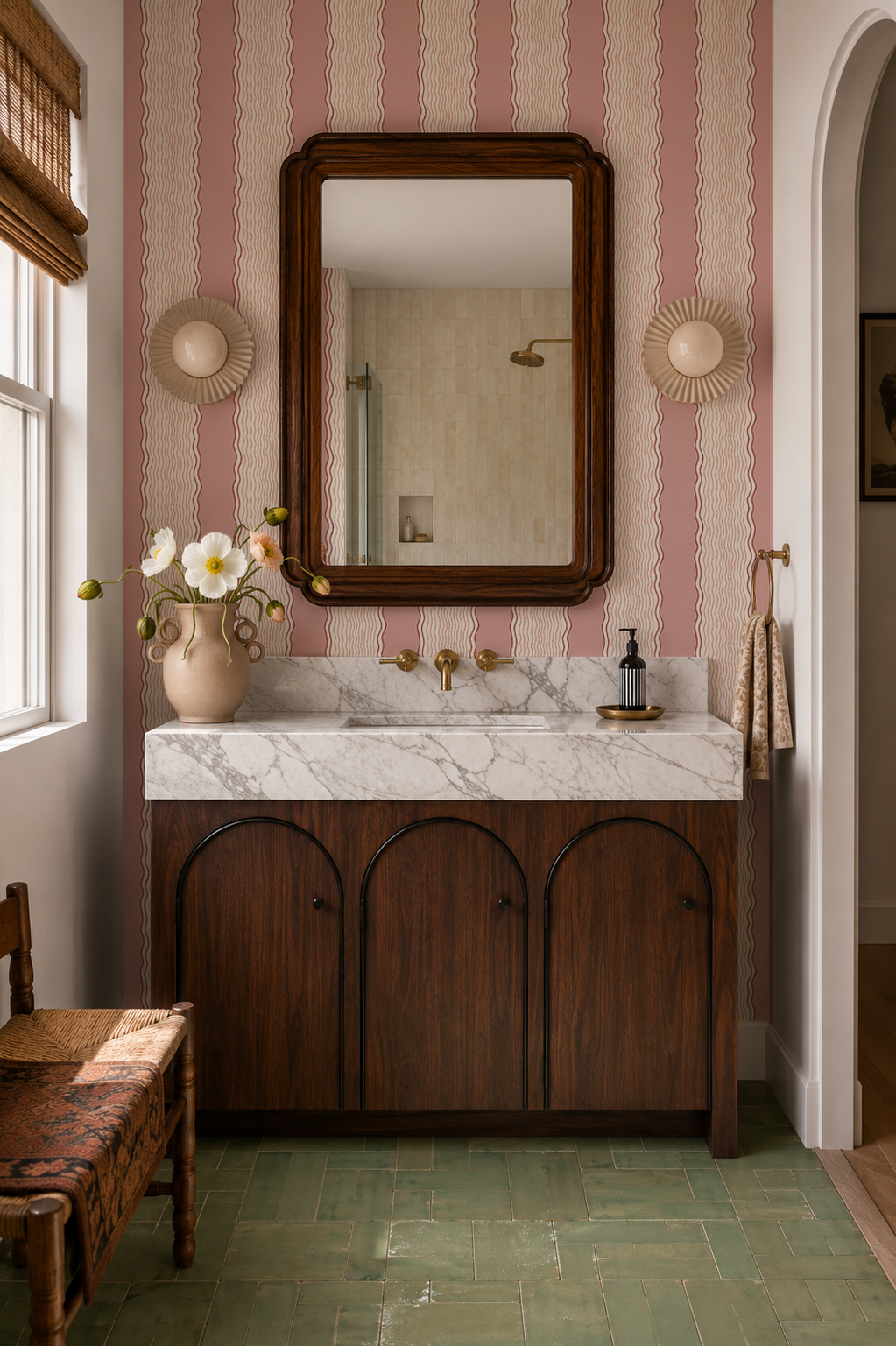 Rio Ripple Wallpaper, beige, pink and maroon