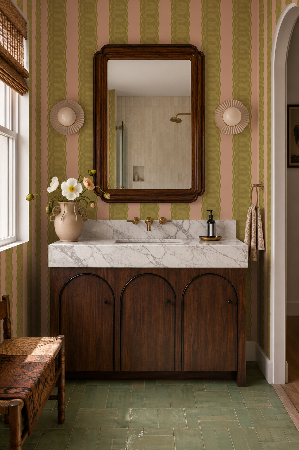 Rio Ripple Wallpaper, peach and olive