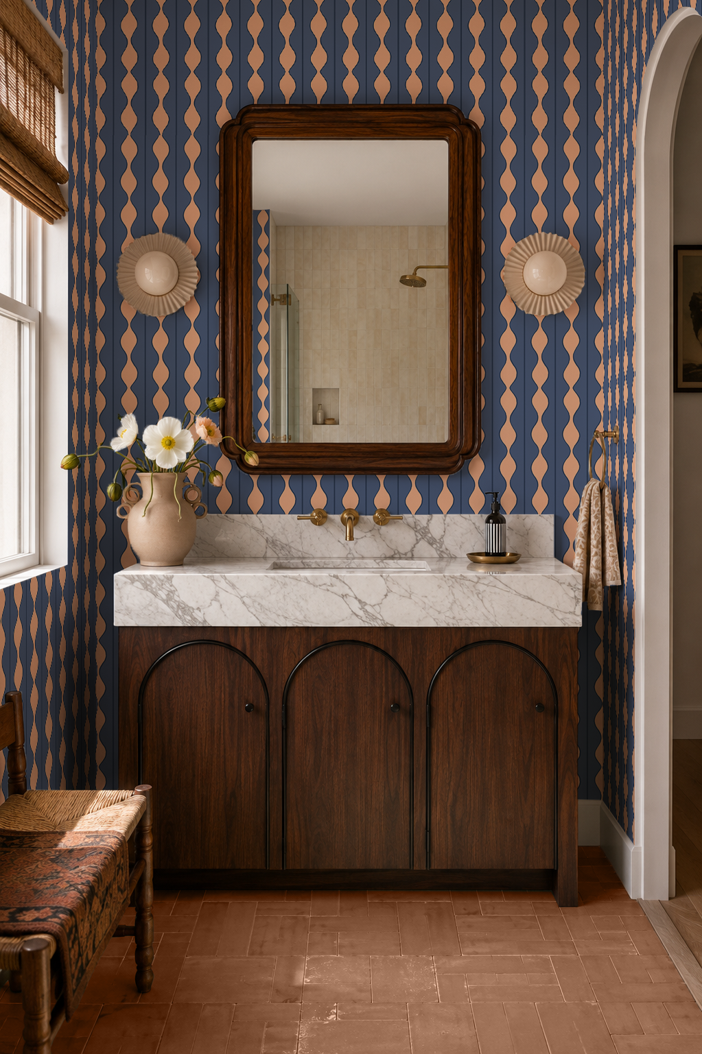 Rosario Stripe Wallpaper, baltic blue and peach