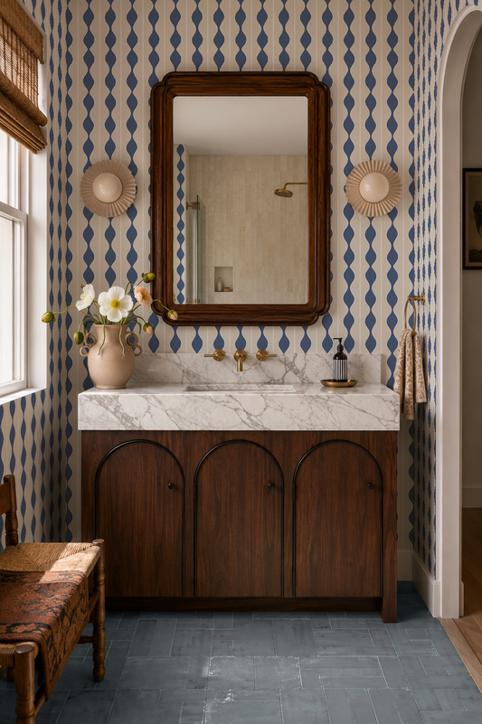 Rosario Stripe Wallpaper, beige and baltic blue