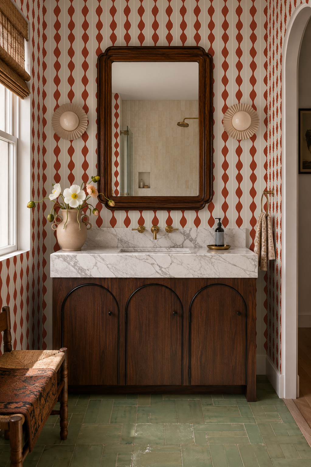 Rosario Stripe Wallpaper, beige and brick red