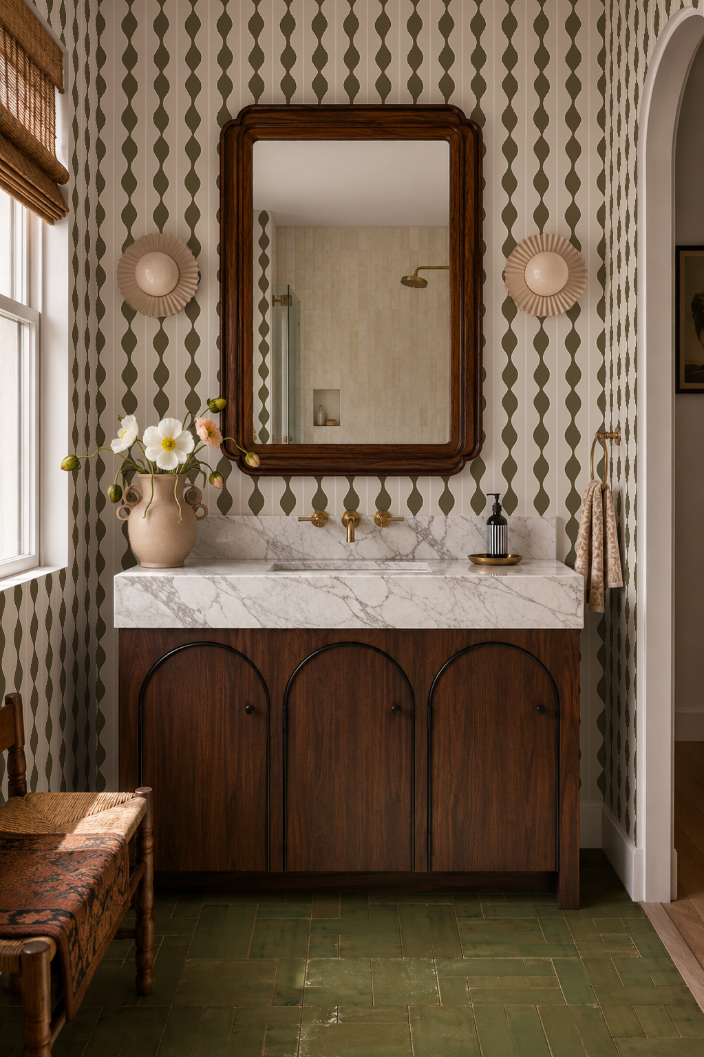 Rosario Stripe Wallpaper, beige and pine needles