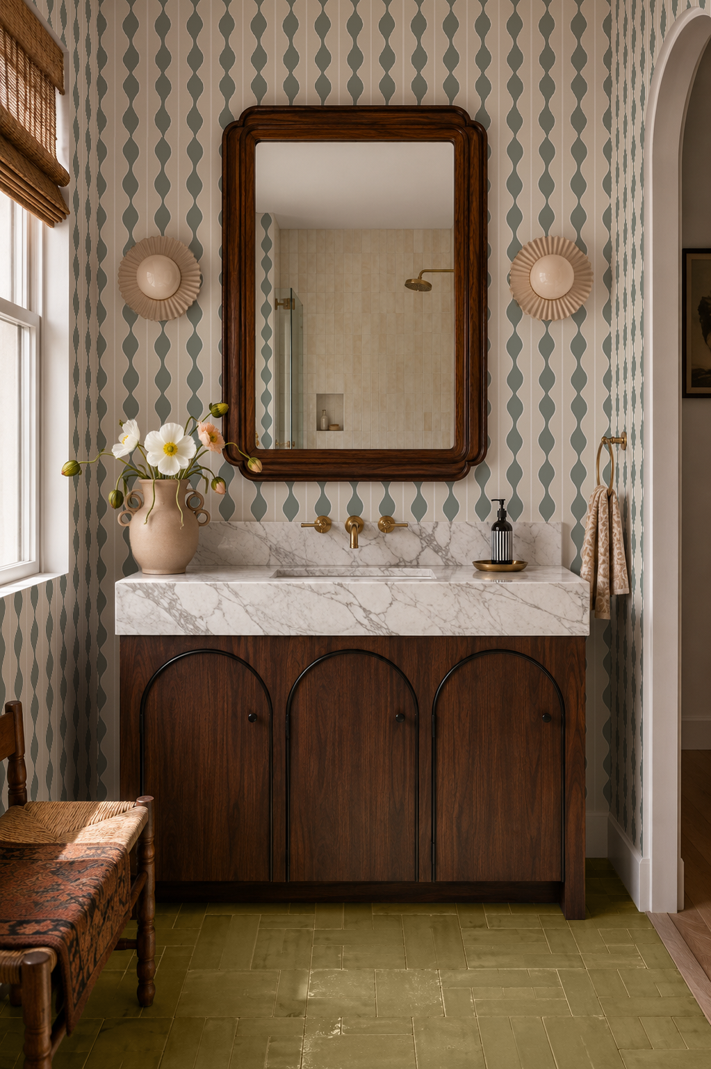 Rosario Stripe Wallpaper, beige and sage