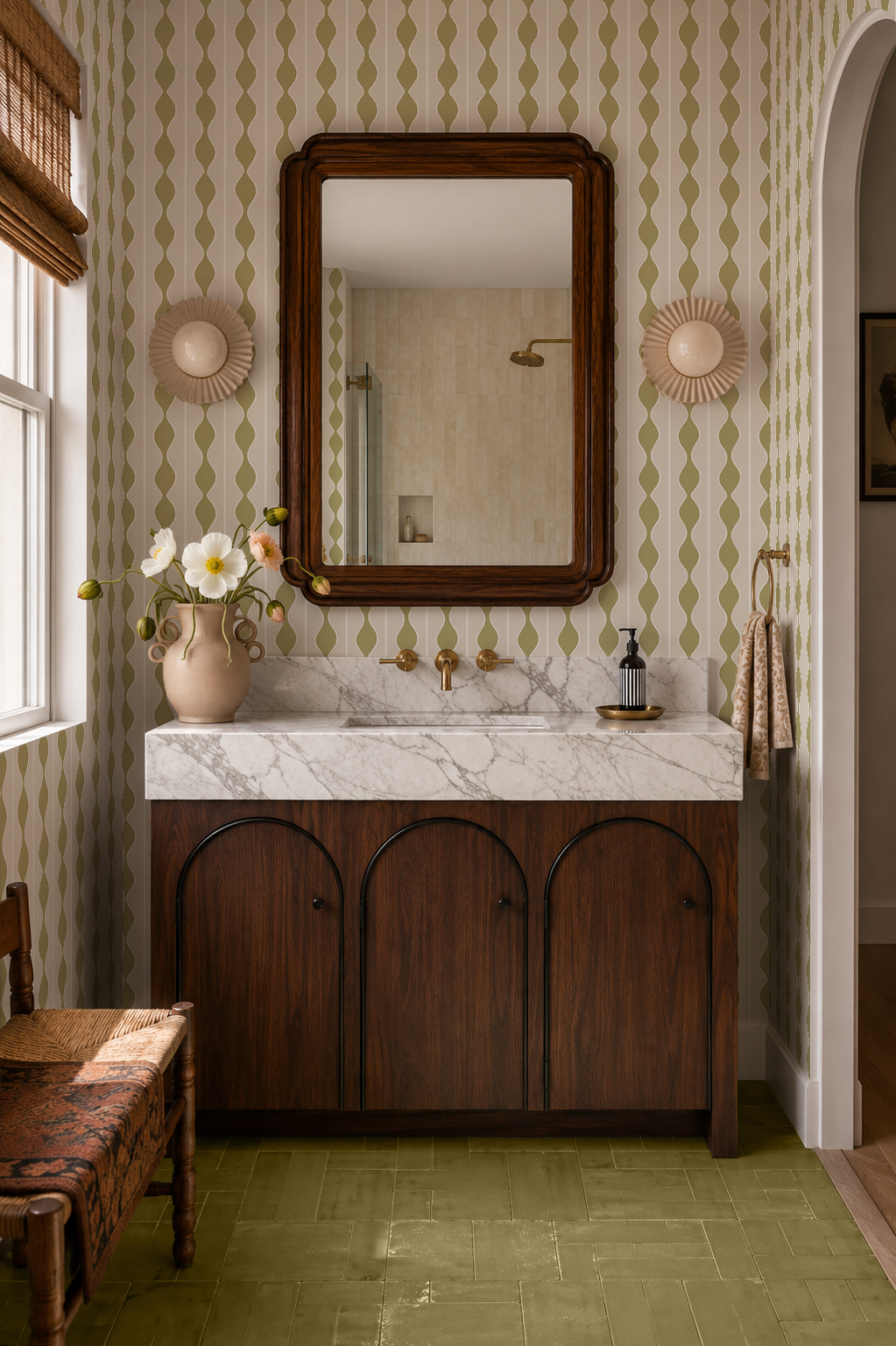 Rosario Stripe Wallpaper, beige and sage olive