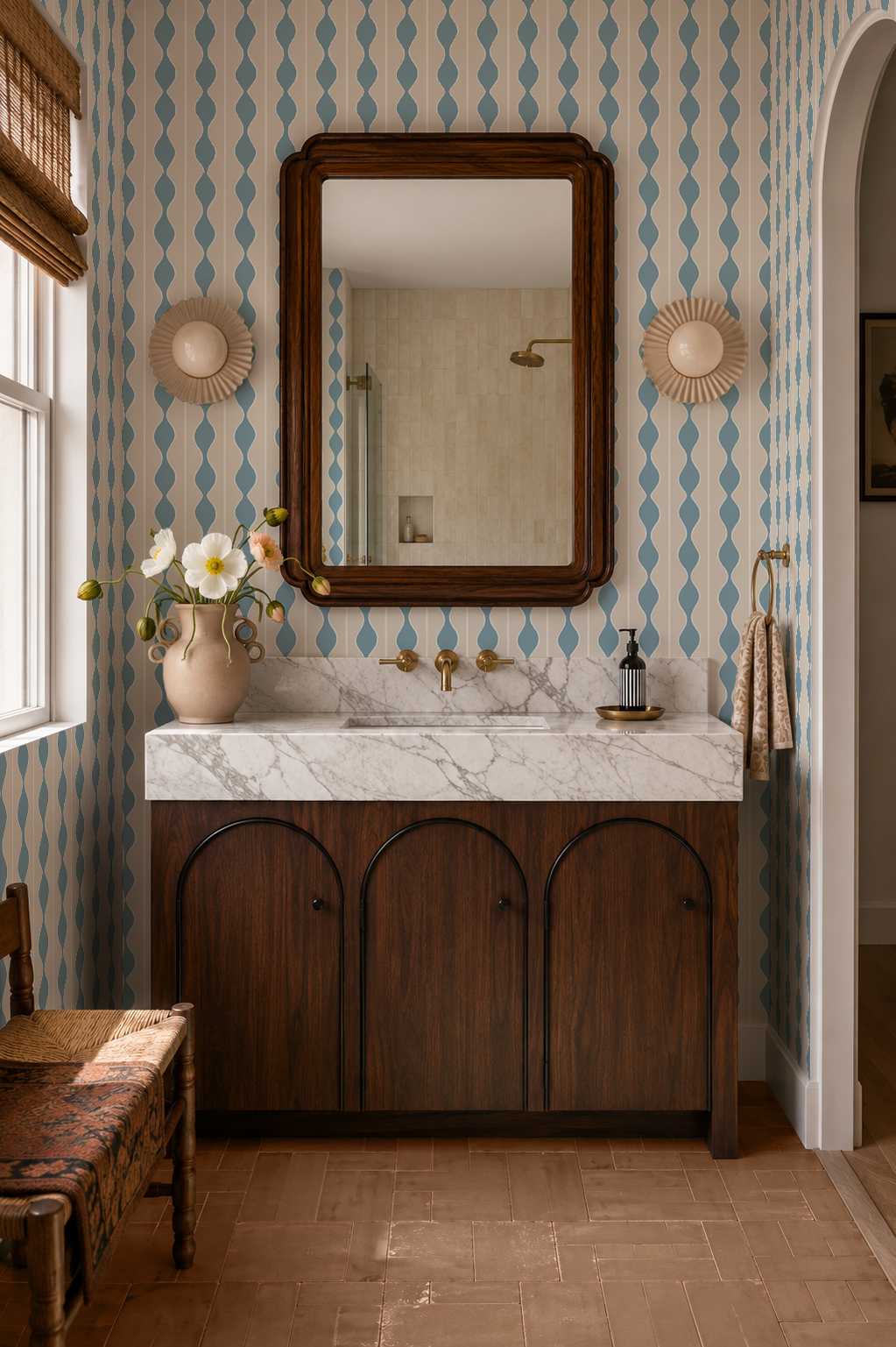 Rosario Stripe Wallpaper, beige and sky blue