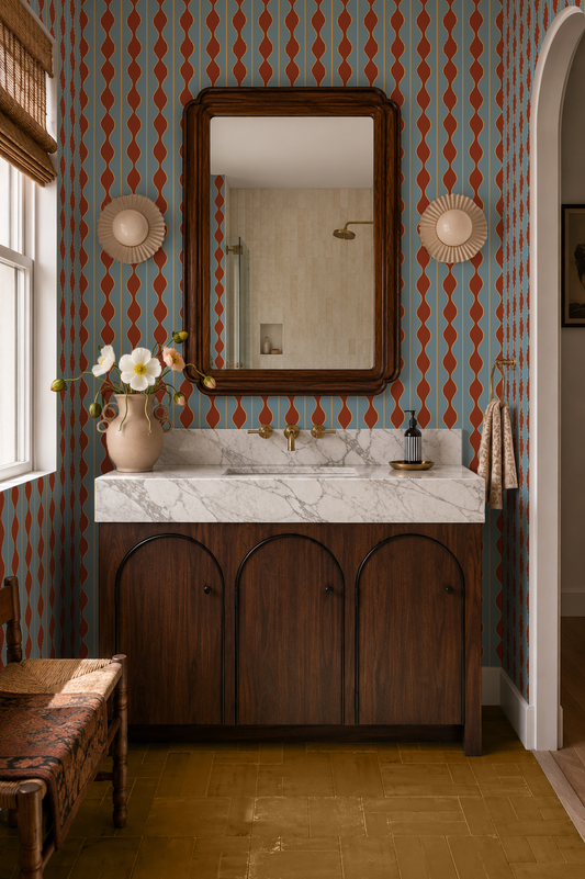 Rosario Stripe Wallpaper, blue, yellow and rust