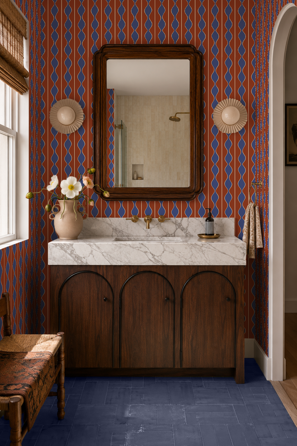 Rosario Stripe Wallpaper, brick red, blue and peachy white