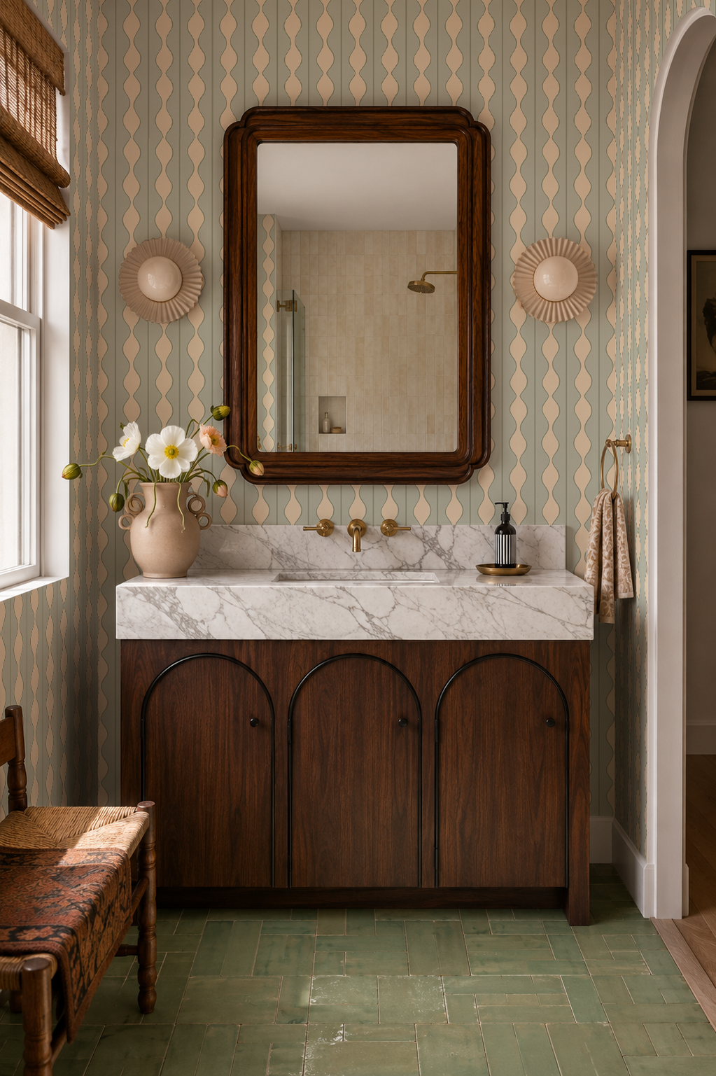 Rosario Stripe Wallpaper, desert aloe, sage and beige