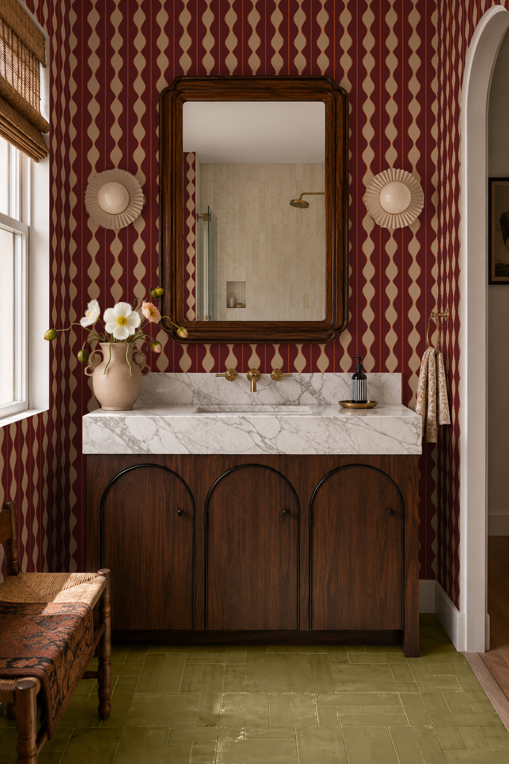 Rosario Stripe Wallpaper, maroon, deep peach and beige