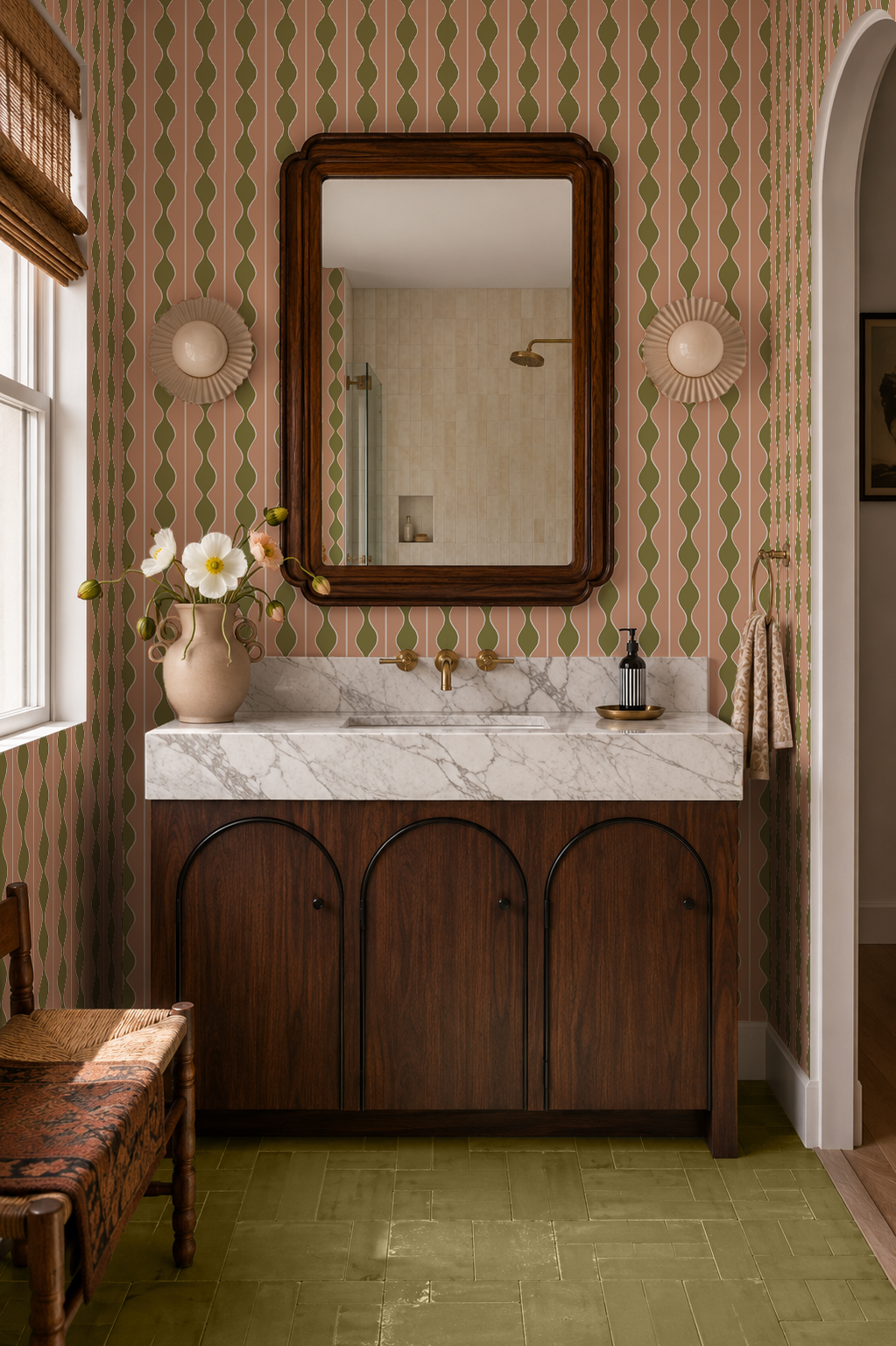 Rosario Stripe Wallpaper, peach and olive