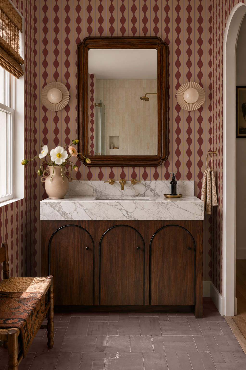 Rosario Stripe Wallpaper, peach, wine and lavender