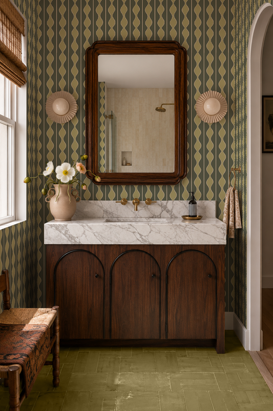 Rosario Stripe Wallpaper, pine needle and lime