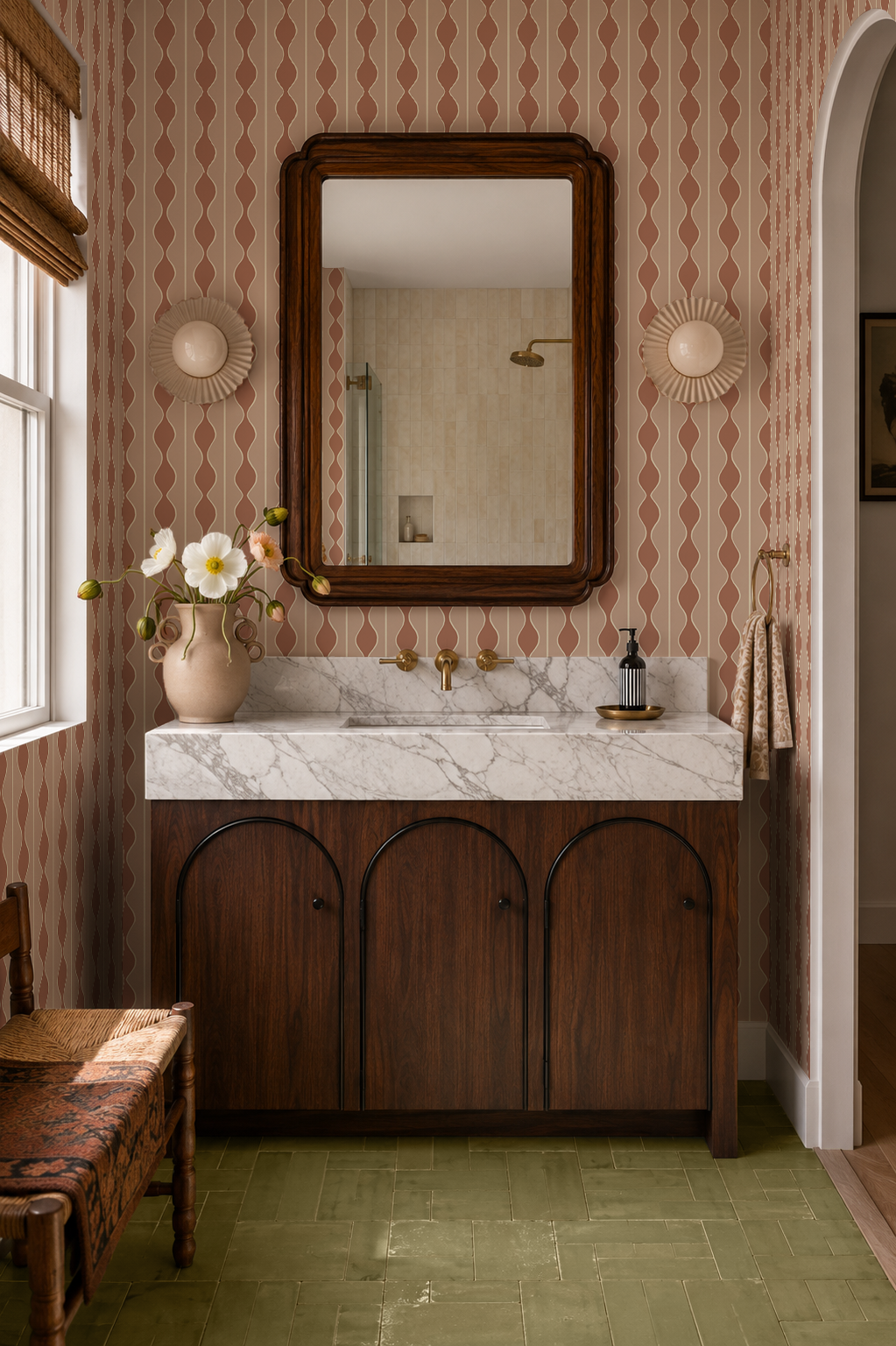 Rosario Stripe Wallpaper, pink clay and beige