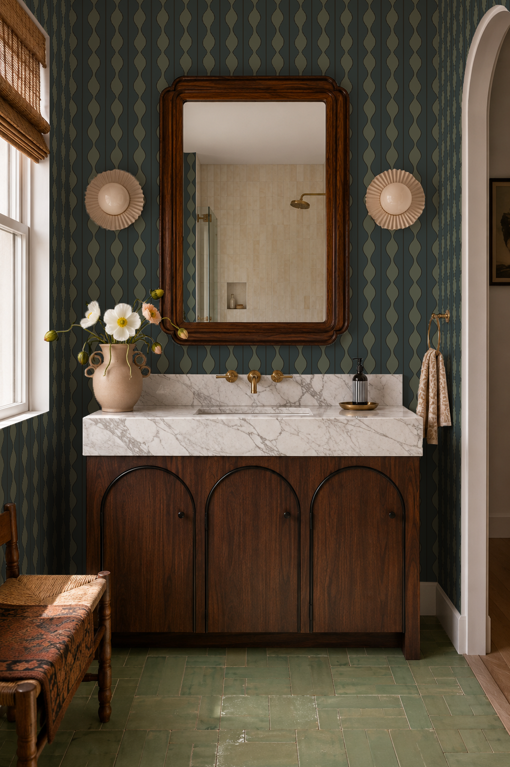 Rosario Stripe Wallpaper, stormy teal and sage