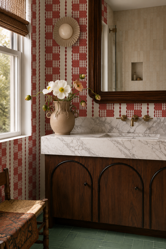 Telar Weave Wallpaper, beige and red