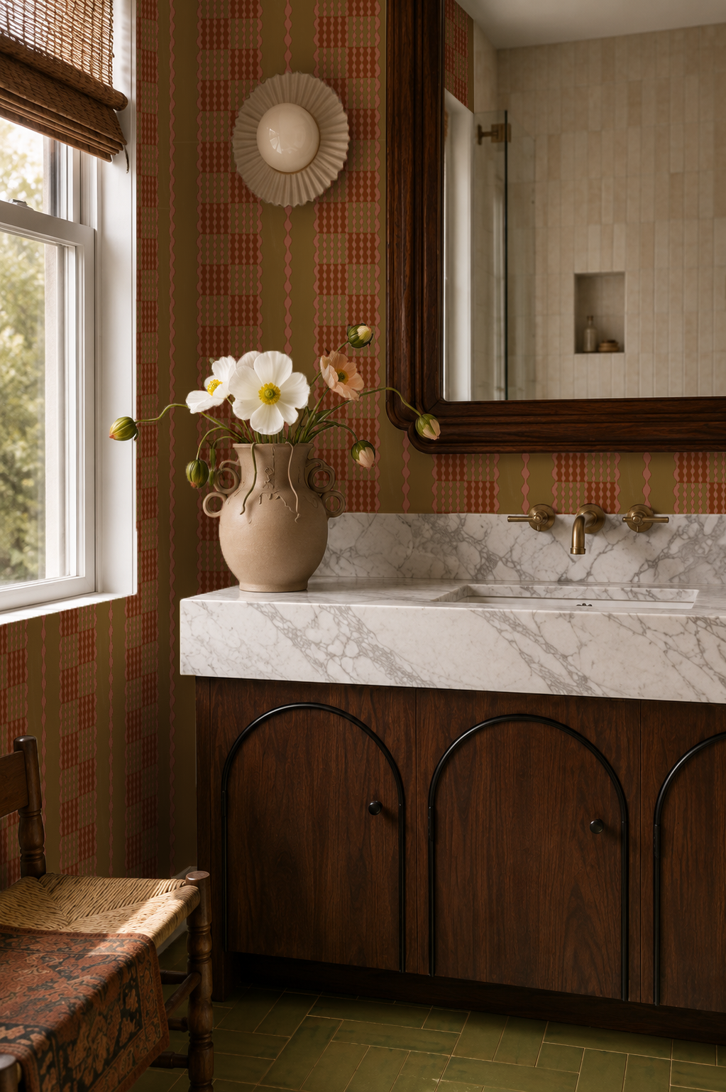 Telar Weave Wallpaper, chartreuse, peach and orange