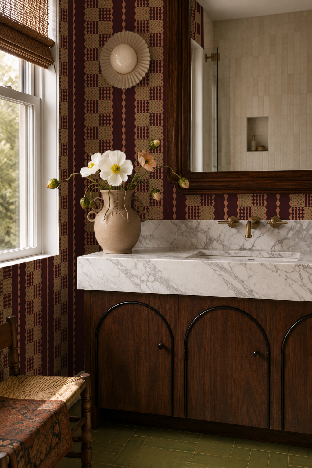 Telar Weave Wallpaper, fig, coral and pistachio