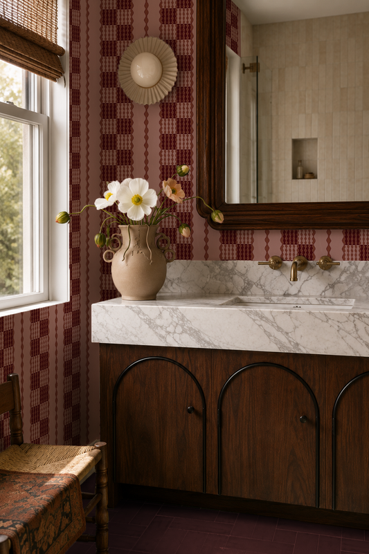 Telar Weave Wallpaper, mauve, terra cotta and wine