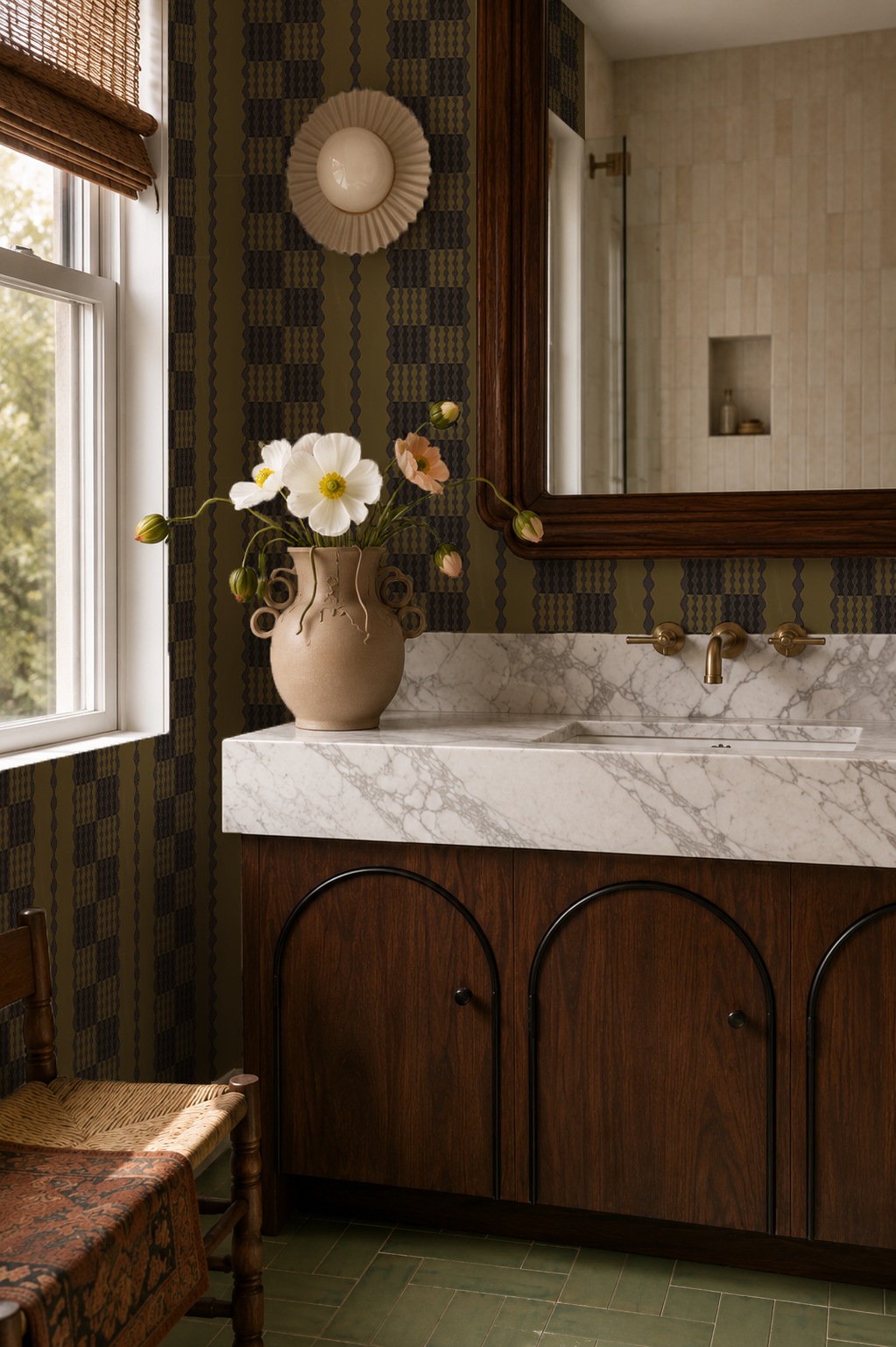 Telar Weave Wallpaper, olive and charcoal